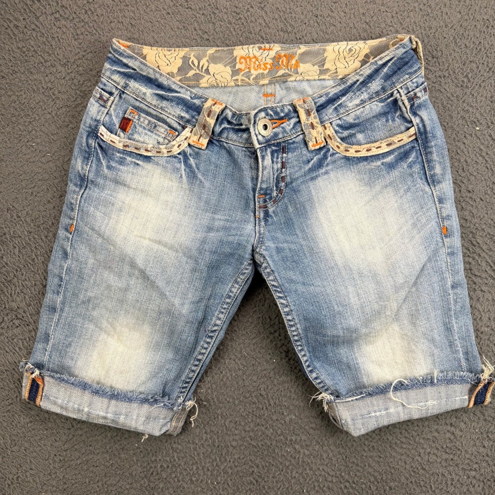 Miss Me Reno Light Lace Inset Denim Shorts JP4293 Size 26 Blue Distressed Y2K